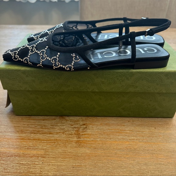 Gucci GG Crystal Embellished Black Pointed Toe Slingback Flat 38 - Picture 4 of 7